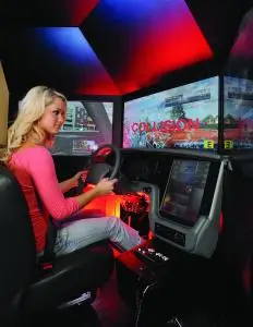 girl in simulator for driving
