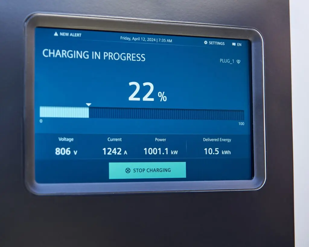 Charging display showing 1,001.1 kW delivered at 806 volts and 1,242 amps.
