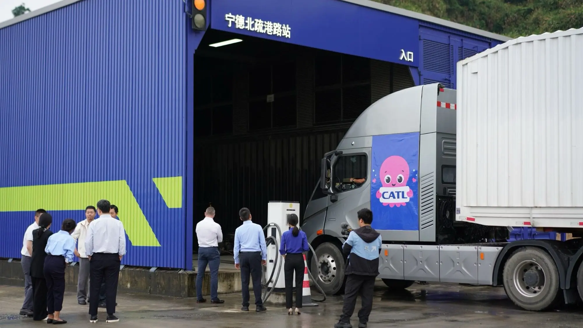 An electric truck entering a CATL battery-swapping facility in China.