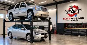 SUV on a four-post car lift parked above a sedan