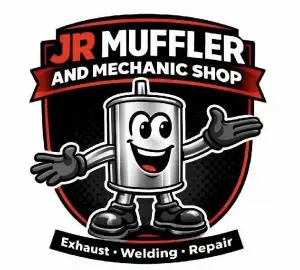 JR Muffler and Mechanic Shop logo featuring a cartoon muffler mascot and the words Exhaust, Welding, Repair.