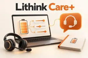 Lithink Care+ technical support concept with a laptop, battery symbol, manual and headset.