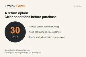 Lithink Care+ 30-day return option with a reminder to review conditions and contact support before returning.