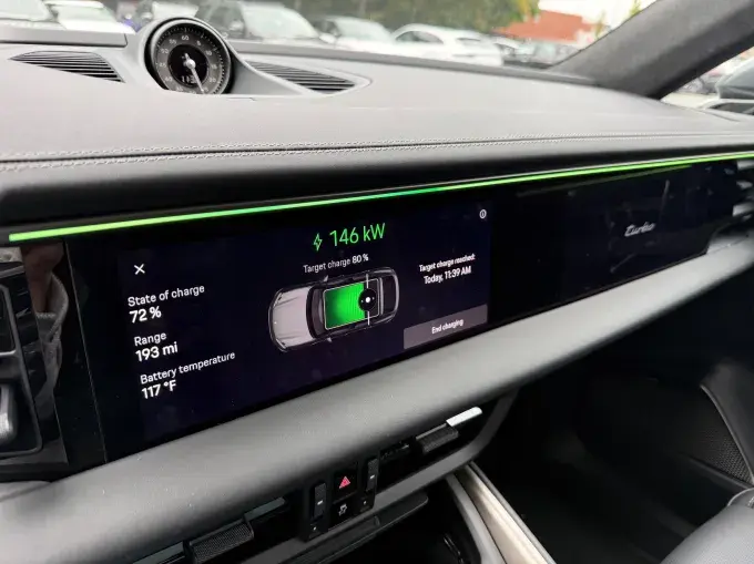 A screen shows EV charging progress.
