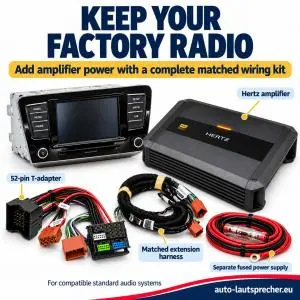 Factory radio and Hertz amplifier with a 52-pin T-adapter, matched extension harness and separate fused power cable set on a white background.