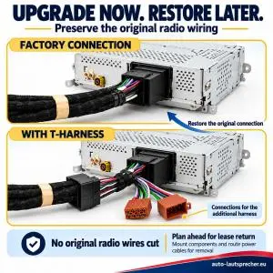 Factory radio wiring compared with an inserted T-harness: one connection to the radio, one to the vehicle plug and two free brown connectors for an additional harness.