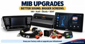 Factory radio, Hertz amplifier, Stinger touchscreen and 52-pin wiring harnesses illustrating MIB audio and infotainment upgrades.